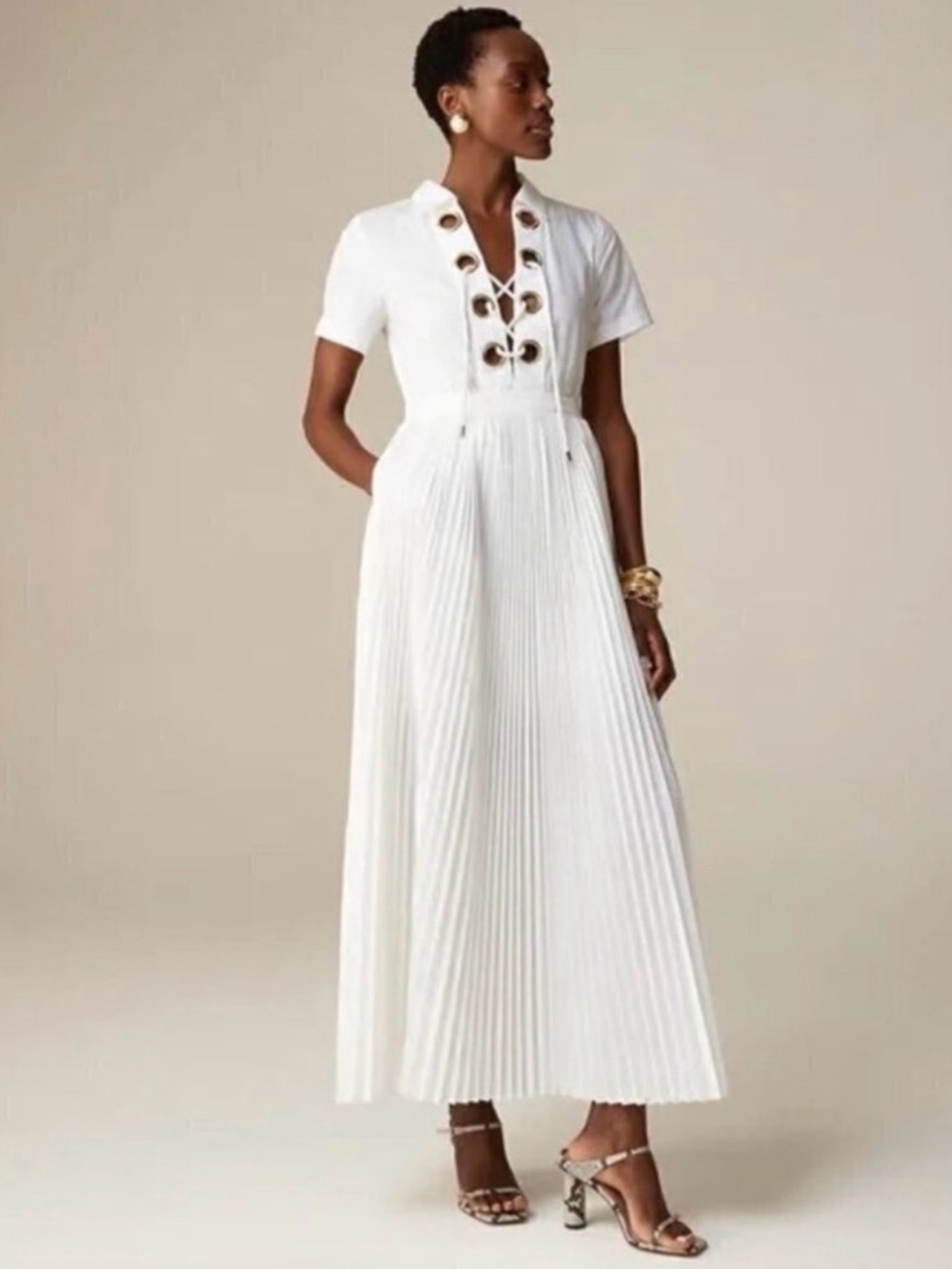 J. Crew White Short-Sleeve Maxi Dress with Circular Button Accents